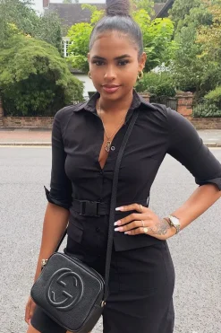 Rebellious Fashion Black Buckle Belted Utility Shirt Dress - Layla
