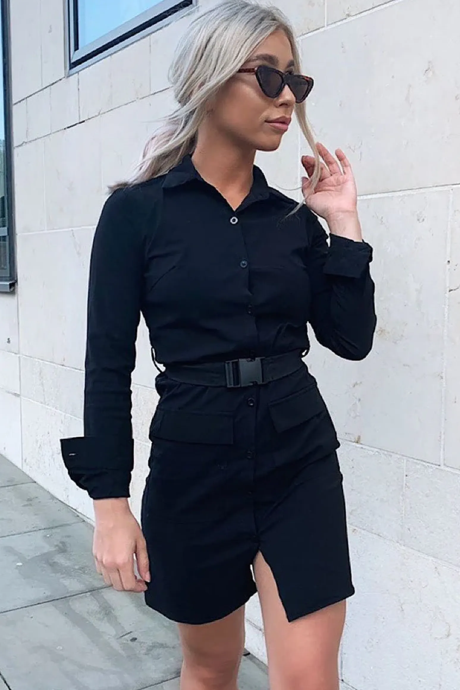 Rebellious Fashion Black Buckle Belted Utility Shirt Dress - Layla
