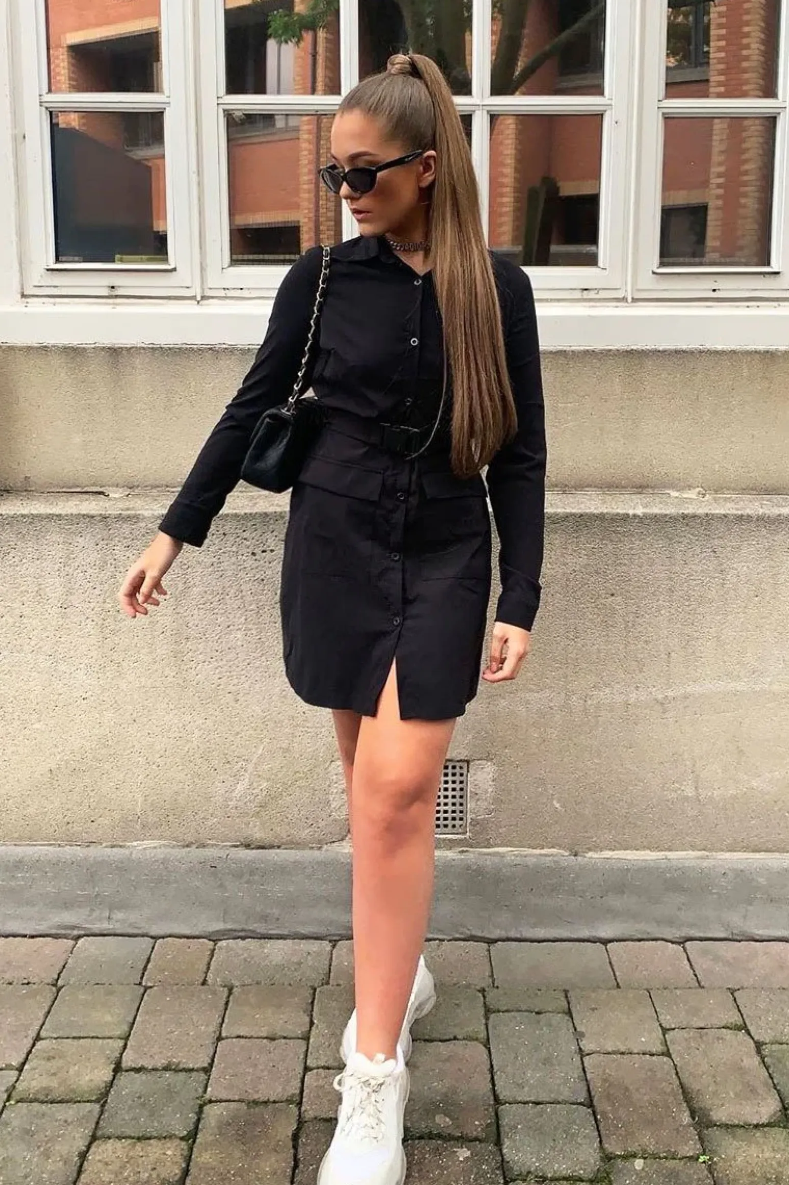 Rebellious Fashion Black Buckle Belted Utility Shirt Dress - Layla