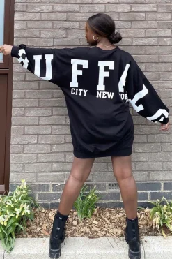 Rebellious Fashion Black Buffalo New York Slogan Sweater Dress - Nazaria