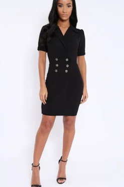 Rebellious Fashion Black Button Detail Plunge Wrap Blazer Dress - Aizah
