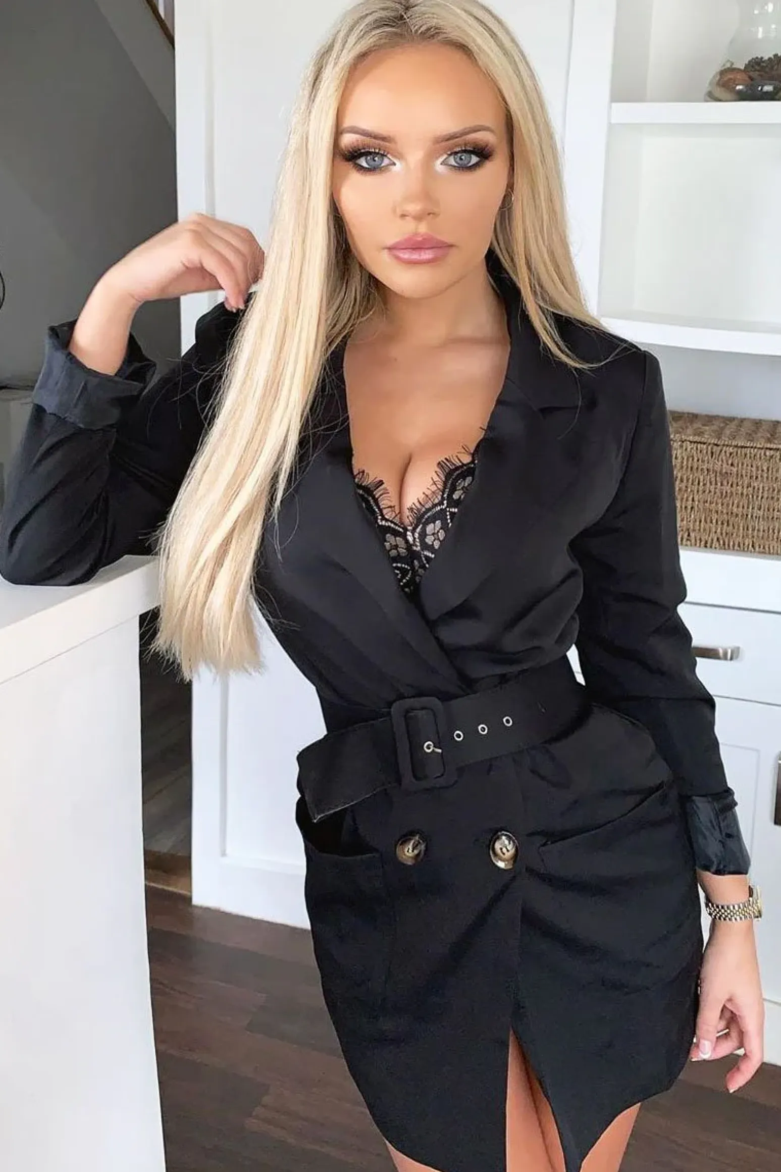 Rebellious Fashion Black Button Front Belted Blazer Dress - Justyne