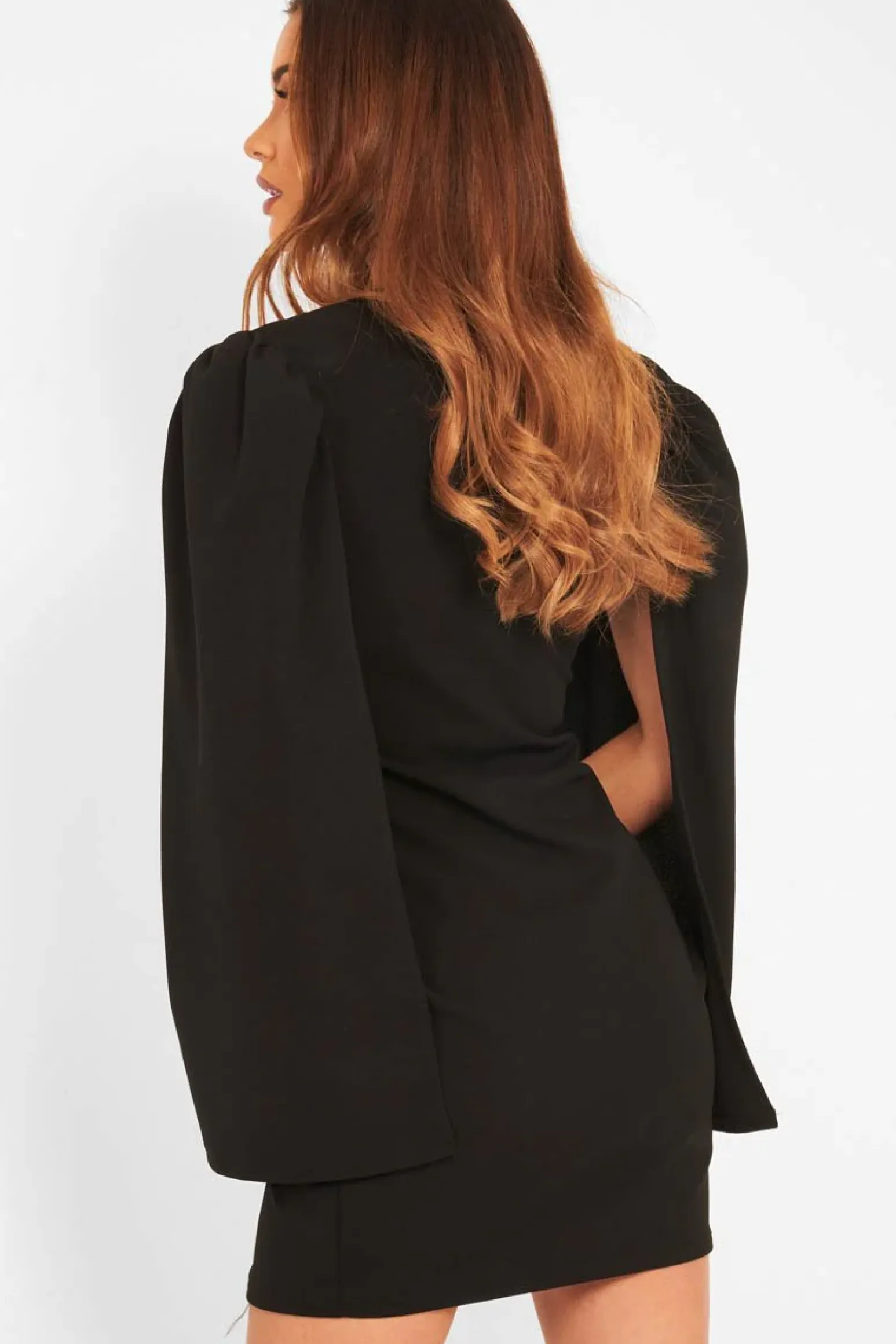 Rebellious Fashion Black Button Front Cape Sleeve Blazer Dress - Abraya