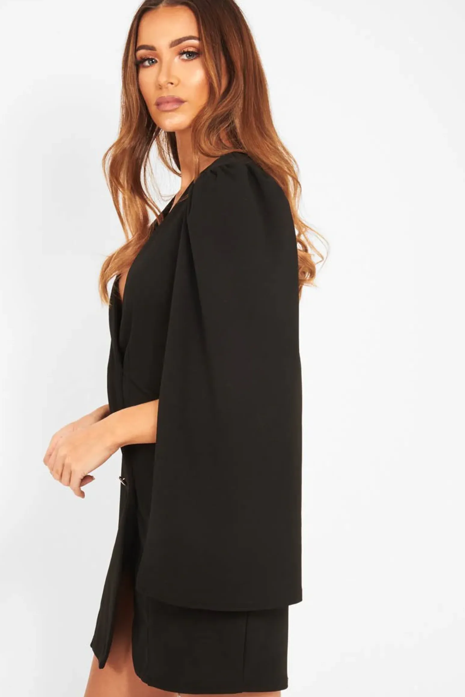 Rebellious Fashion Black Button Front Cape Sleeve Blazer Dress - Abraya