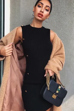 Rebellious Fashion Black Button Front Knitted Jumper Dress - Adalei