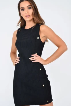 Rebellious Fashion Black Button Front Knitted Jumper Dress - Adalei