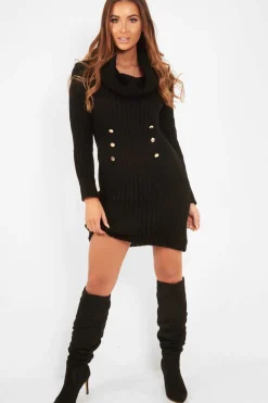 Rebellious Fashion Black Button Front Roll Neck Jumper Dress - Ericka