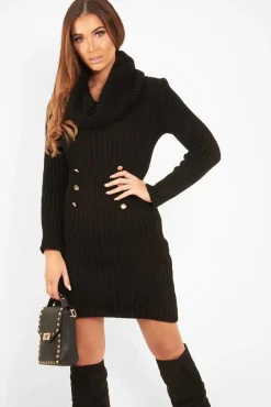 Rebellious Fashion Black Button Front Roll Neck Jumper Dress - Ericka