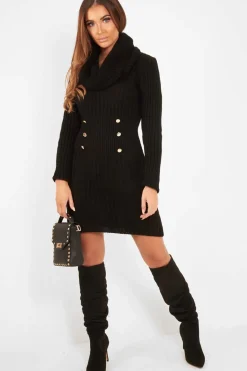 Rebellious Fashion Black Button Front Roll Neck Jumper Dress - Ericka