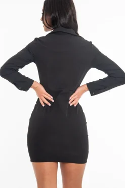 Rebellious Fashion Black Button Zip Detail Belted Shirt Dress - Arabelle