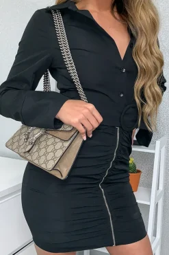 Rebellious Fashion Black Button Zip Detail Belted Shirt Dress - Arabelle