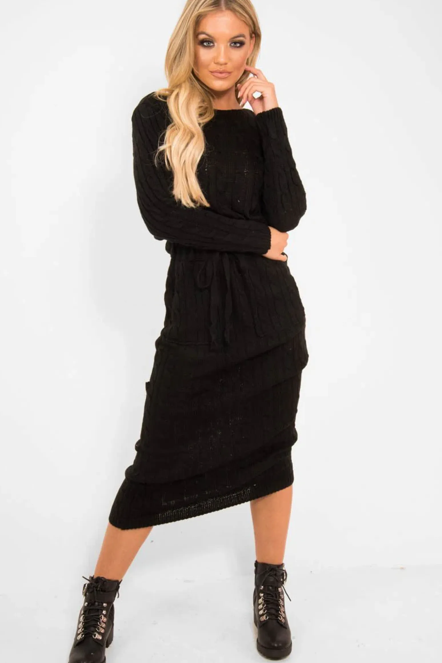 Rebellious Fashion Black Cable Knit Drawstring Waist Dress - Rhea