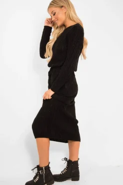Rebellious Fashion Black Cable Knit Drawstring Waist Dress - Rhea