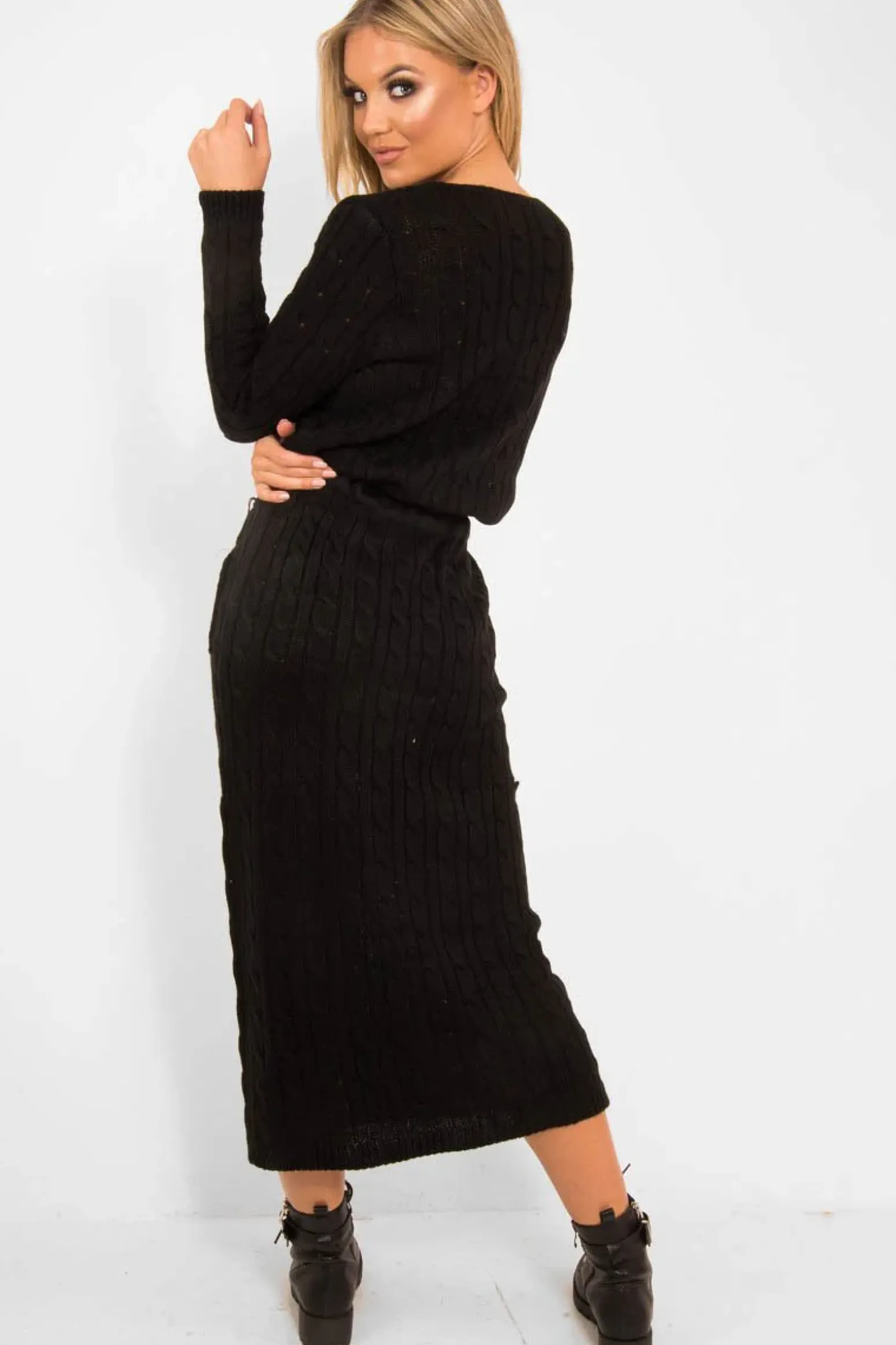 Rebellious Fashion Black Cable Knit Drawstring Waist Dress - Rhea