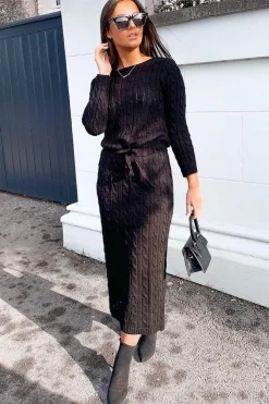 Rebellious Fashion Black Cable Knit Drawstring Waist Dress - Rhea