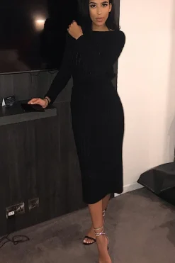 Rebellious Fashion Black Cable Knit Drawstring Waist Dress - Rhea