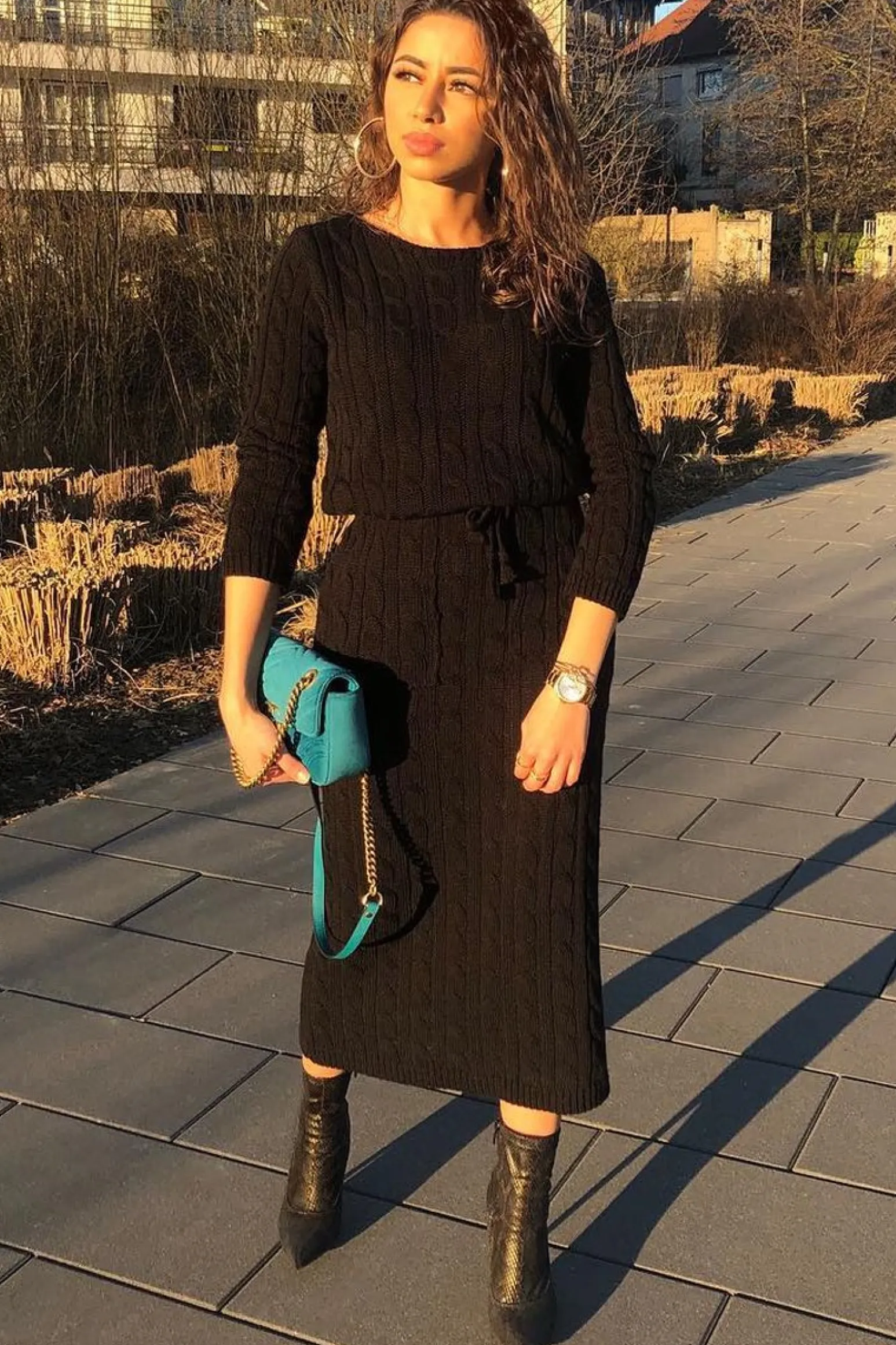 Rebellious Fashion Black Cable Knit Drawstring Waist Dress - Rhea