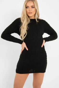 Rebellious Fashion Black Cable Knit Jumper Midi Dress - Jaylie
