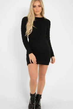 Rebellious Fashion Black Cable Knit Jumper Midi Dress - Jaylie