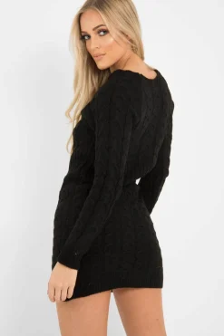 Rebellious Fashion Black Cable Knit Jumper Midi Dress - Jaylie