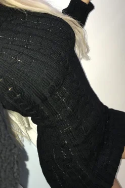 Rebellious Fashion Black Cable Knit Roll Neck Jumper Dress - Matilda