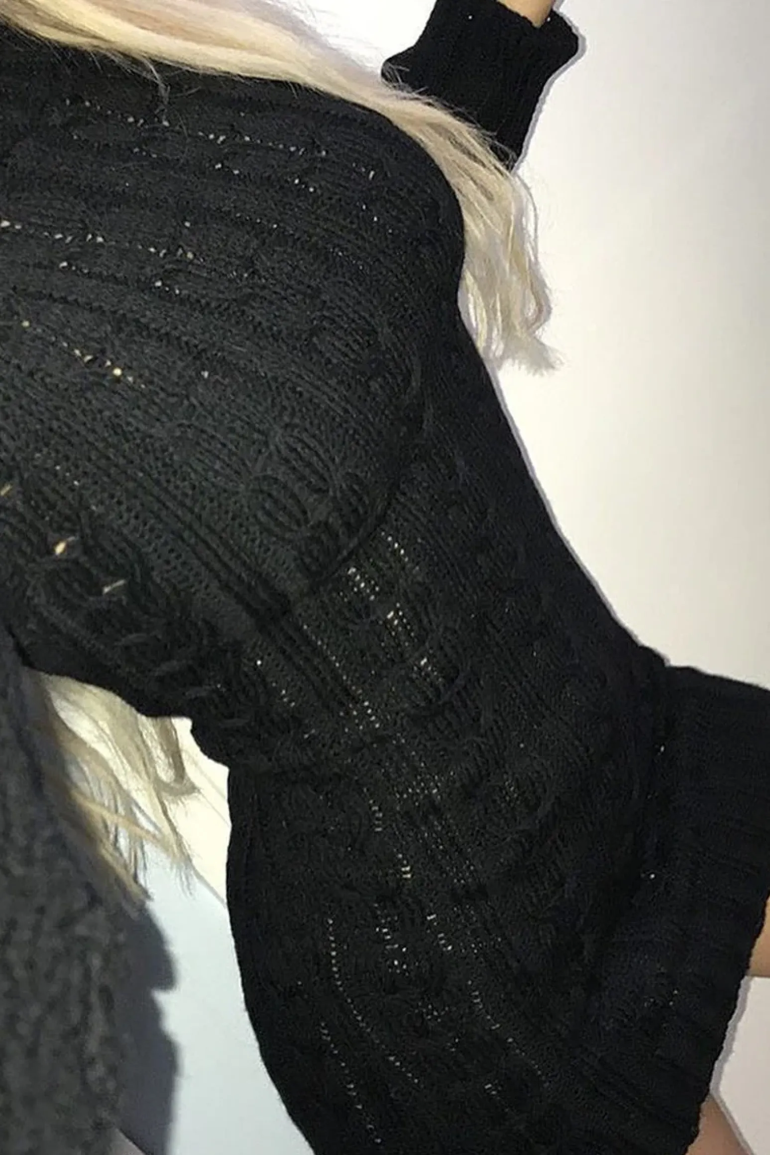 Rebellious Fashion Black Cable Knit Roll Neck Jumper Dress - Matilda