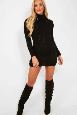 Rebellious Fashion Black Cable Knit Roll Neck Jumper Dress - Matilda