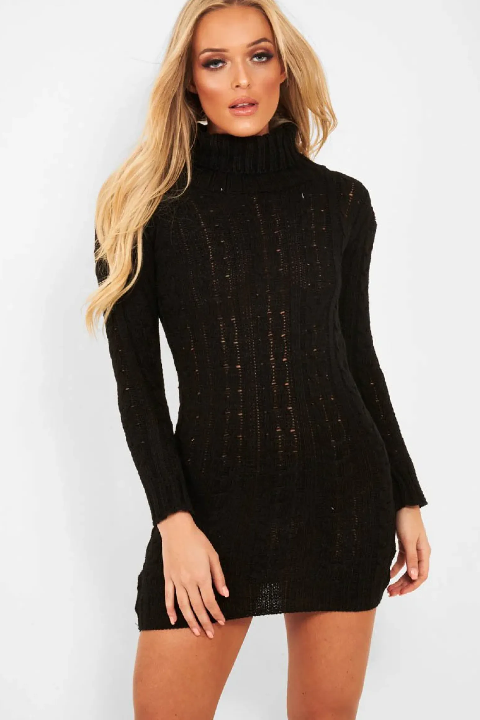Rebellious Fashion Black Cable Knit Roll Neck Jumper Dress - Matilda
