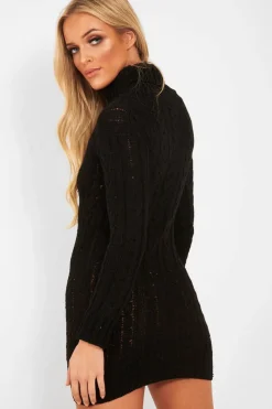Rebellious Fashion Black Cable Knit Roll Neck Jumper Dress - Matilda