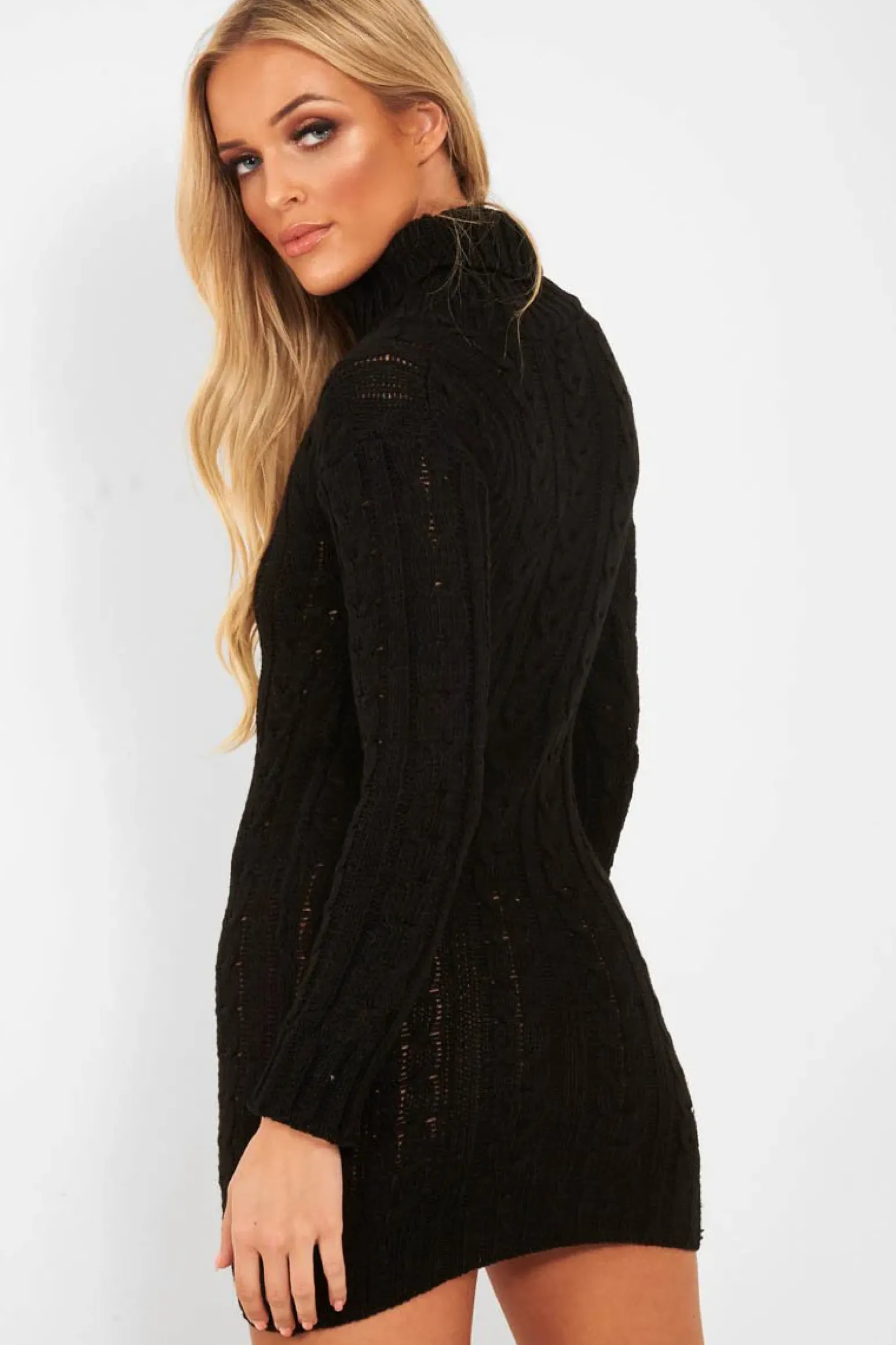 Rebellious Fashion Black Cable Knit Roll Neck Jumper Dress - Matilda