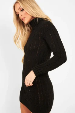 Rebellious Fashion Black Cable Knit Roll Neck Jumper Dress - Matilda
