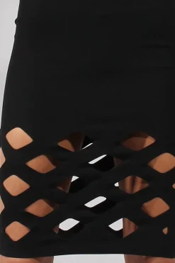 Rebellious Fashion Black Cage Cut Bardot Midi Dress - Cady