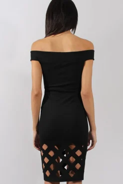 Rebellious Fashion Black Cage Cut Bardot Midi Dress - Cady