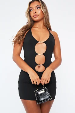 Rebellious Fashion Black Chain Front Mini Dress - Zela