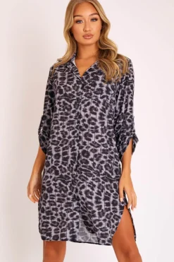 Rebellious Fashion Black Cheetah Print Button Up Sleeve Shirt Dress - Zoey