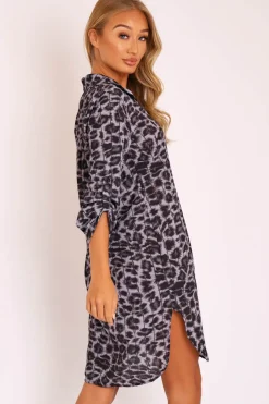 Rebellious Fashion Black Cheetah Print Button Up Sleeve Shirt Dress - Zoey