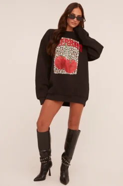 Rebellious Fashion Black Cherry Print Oversized Sweatshirt Mini Dress - Jerry