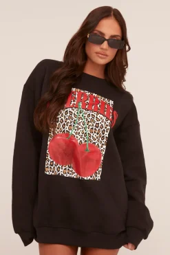 Rebellious Fashion Black Cherry Print Oversized Sweatshirt Mini Dress - Jerry