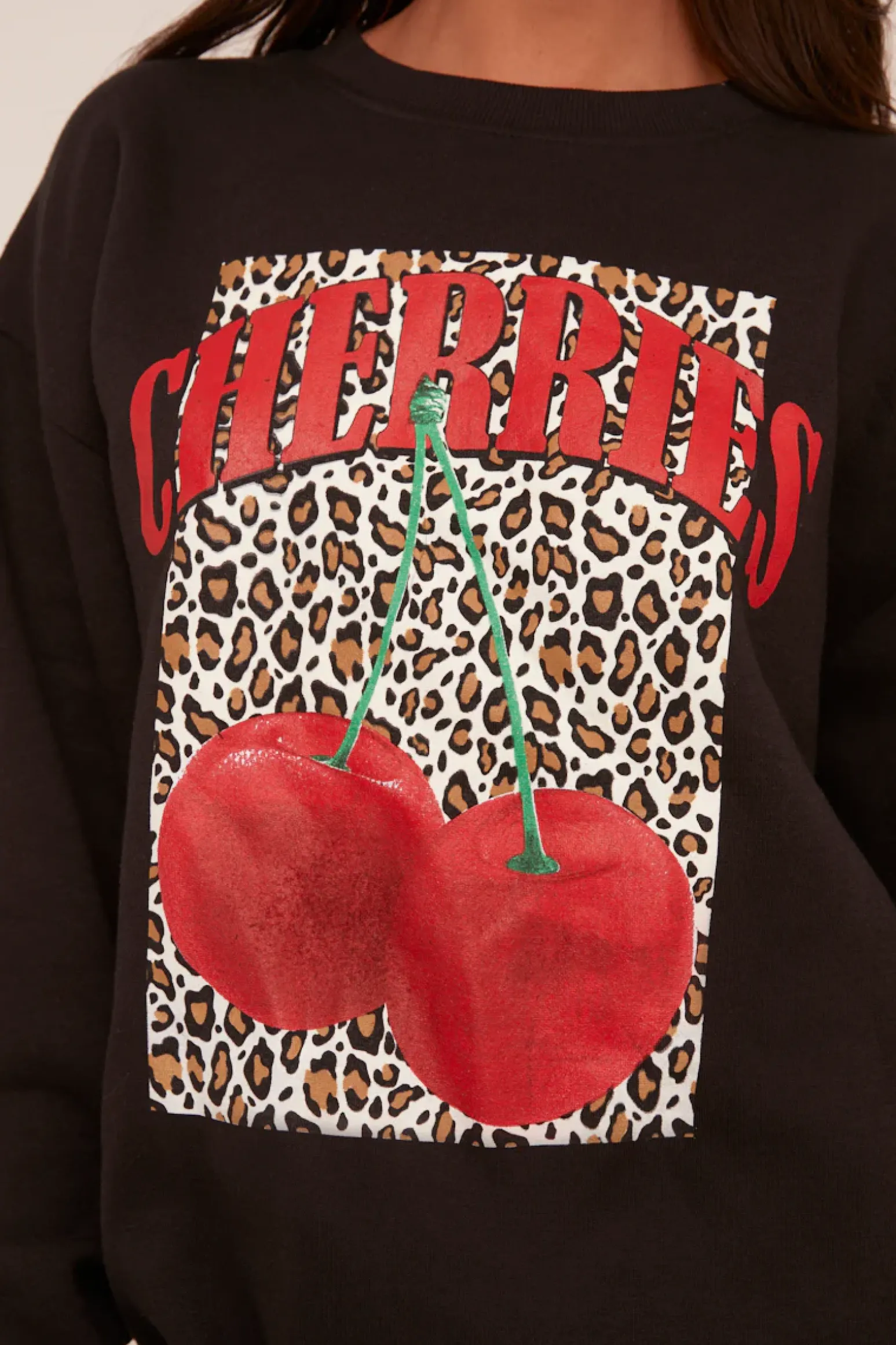 Rebellious Fashion Black Cherry Print Oversized Sweatshirt Mini Dress - Jerry