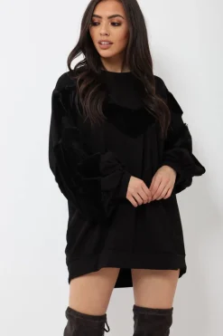 Rebellious Fashion Black Chevron Fur Jumper Dress - Esme