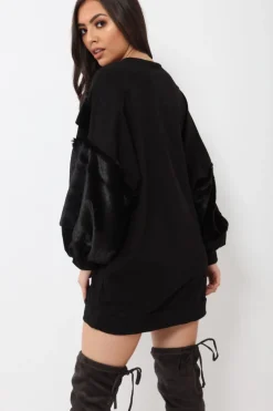 Rebellious Fashion Black Chevron Fur Jumper Dress - Esme