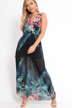 Rebellious Fashion Black Chiffon Leaf Print Plunge Maxi Dress - Marlin
