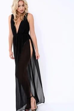 Rebellious Fashion Black Chiffon Maxi Dress with Bodysuit - Macie