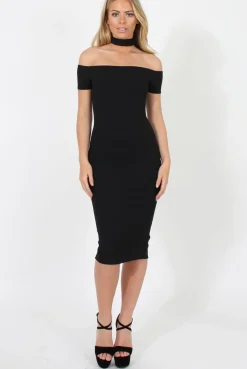 Rebellious Fashion Black Choker Bardot Bodycon Dress - Thea