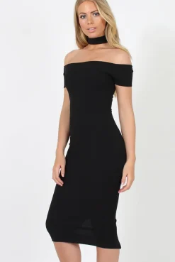 Rebellious Fashion Black Choker Bardot Bodycon Dress - Thea