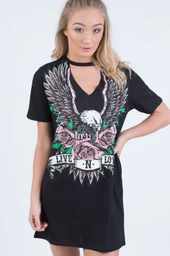 Rebellious Fashion Black Choker Live N Love Eagle Print T Shirt Dress - Tia