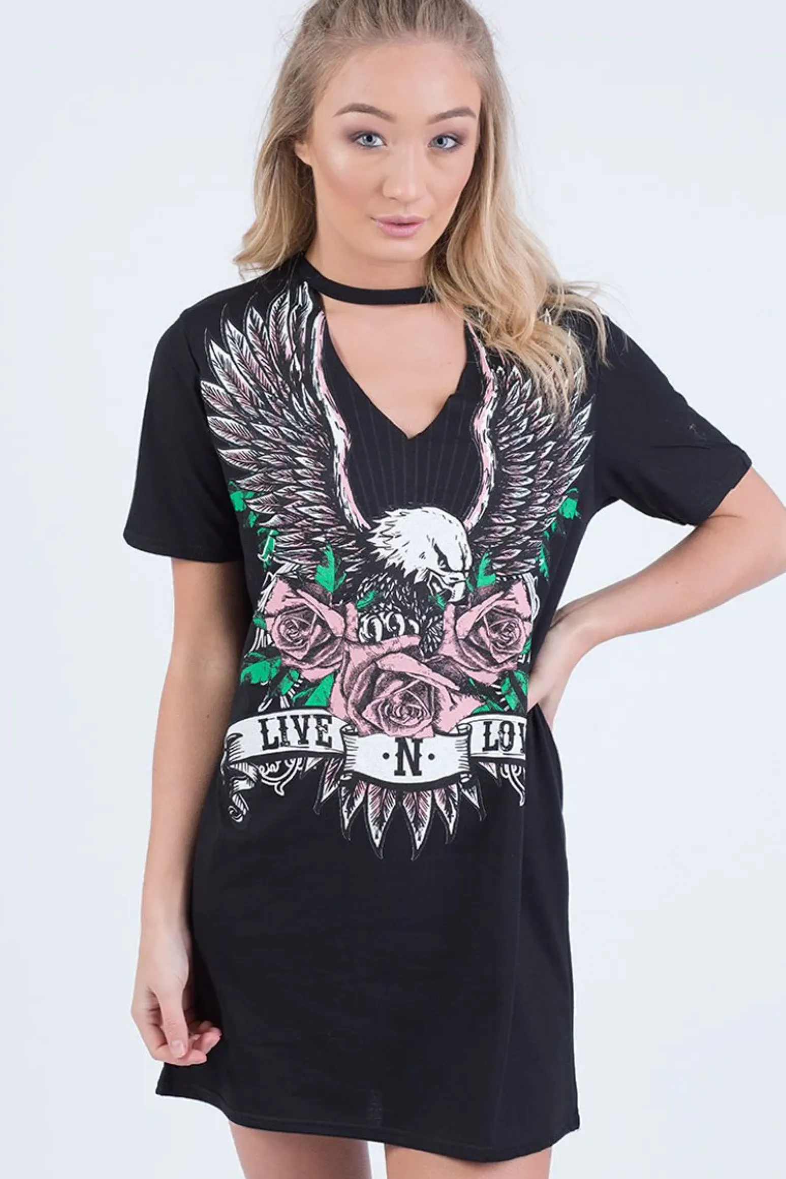Rebellious Fashion Black Choker Live N Love Eagle Print T Shirt Dress - Tia