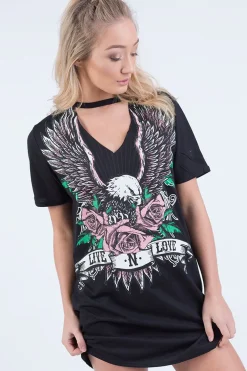 Rebellious Fashion Black Choker Live N Love Eagle Print T Shirt Dress - Tia