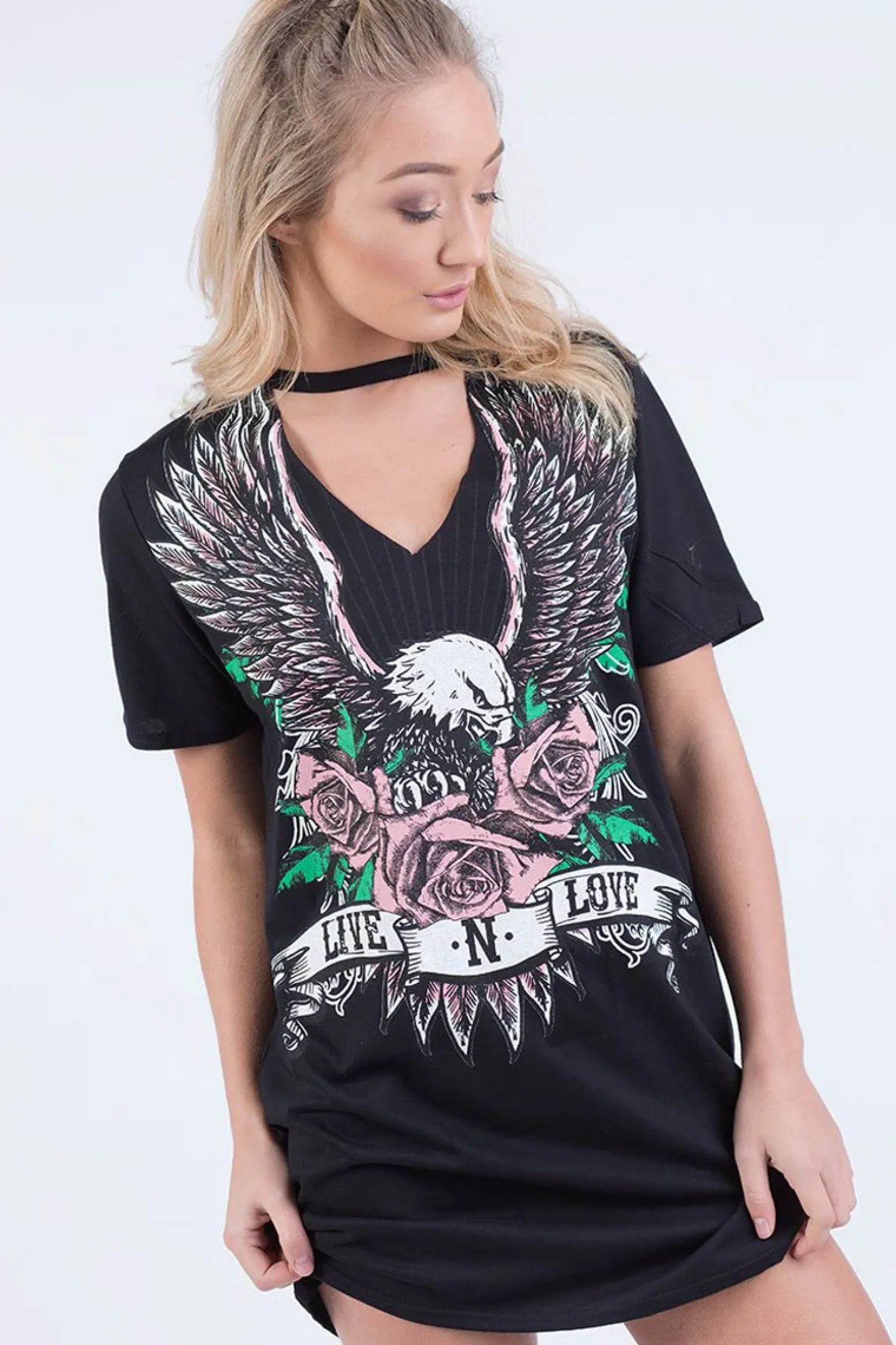 Rebellious Fashion Black Choker Live N Love Eagle Print T Shirt Dress - Tia