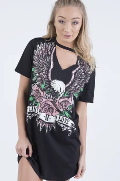Rebellious Fashion Black Choker Live N Love Eagle Print T Shirt Dress - Tia